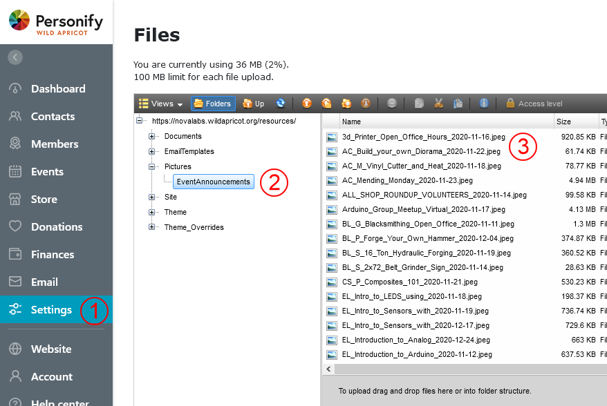 Wild Apricot's web file browser showing a folder hierarchy and a list of photos
