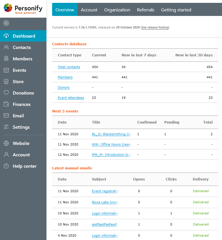 Screenshot of the Wild Apricot dashboard for Nova Labs which shows membership level counts, upcoming events, recent emails, etc.