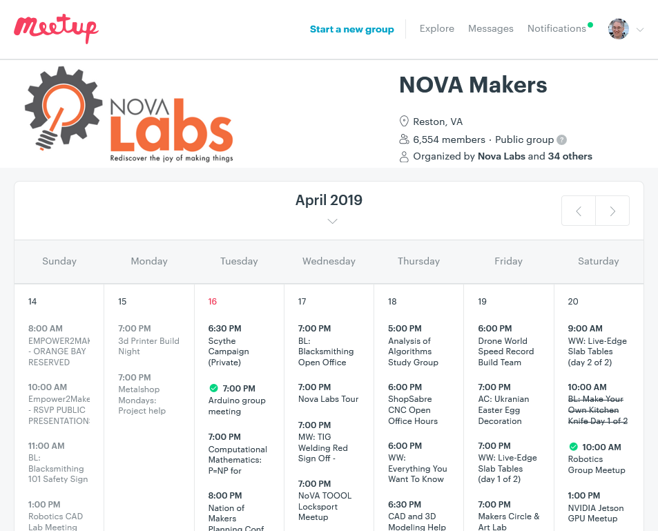Screenshot of a Meetup calendar of events at Nova Labs