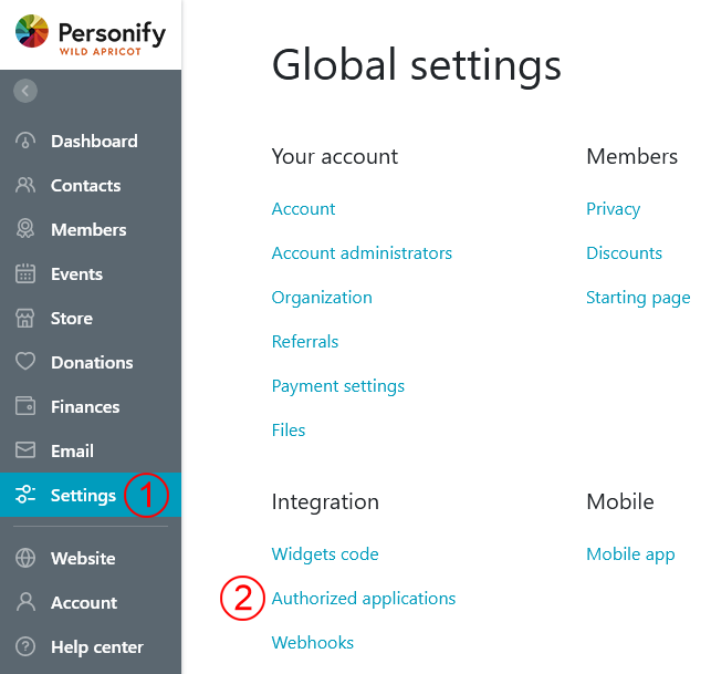 Screenshot showing the Wild Apricot administration settings menu