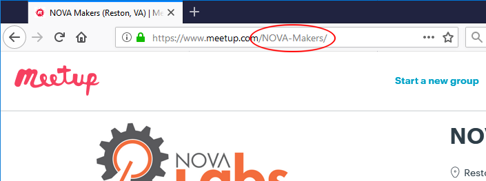 Screenshot of a web browser address line with the Meetup URL group name circled within the URL